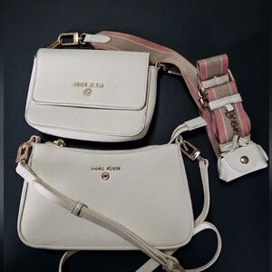 Anne Klein Cream Crossbody Bag Duo with Striped Detachable Strap